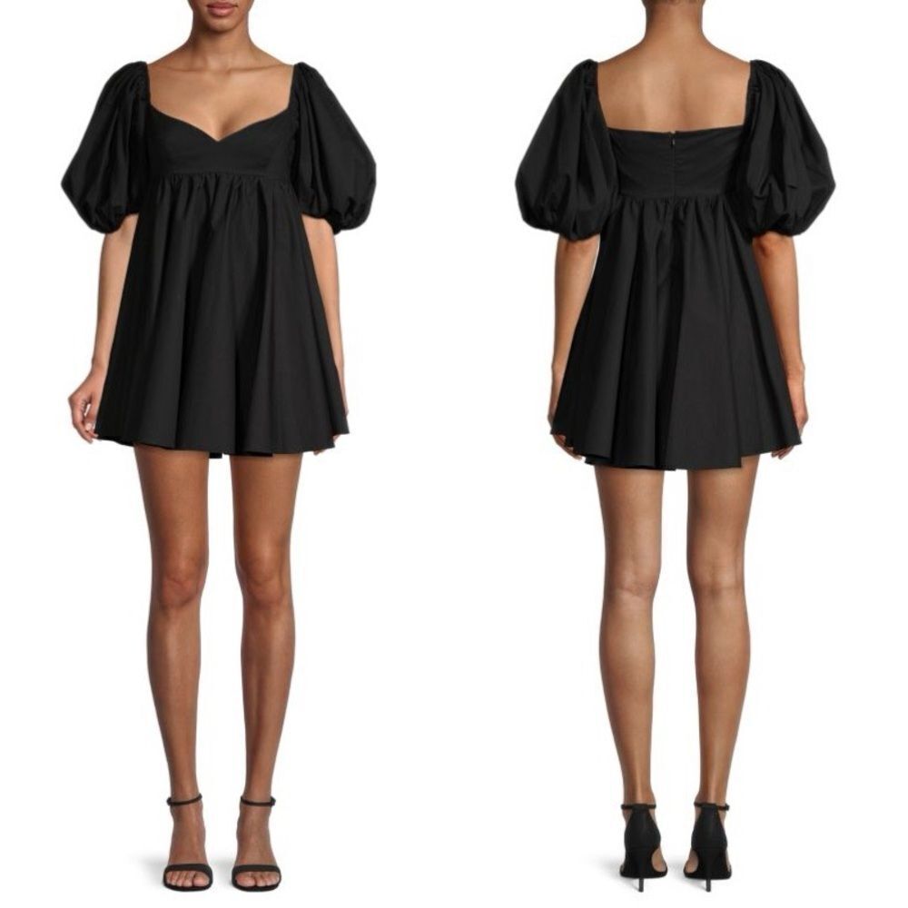 Caroline Constas Black Leigh Babydoll Heart Neckline Puff Sleeve Dress Sz M Glam